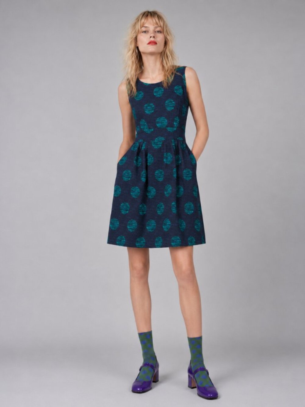 B.R. Linen Green Polka Dot Navy Blue Dress Y2K Coastal - Picture 2 of 9